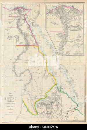 . Anglais : c'est une main carte en couleur de l'Égypte, Nubie et de l'Abyssinie, datant de 1858, le cartographe Londres par Edward Weller. Nord-est de l'Afrique illustre ce qui est aujourd'hui Éthiopie centrale, vers le nord le long du Nil en Égypte et le Delta. Montre la Mer Rouge au complet avec des parties de l'Arabie Saoudite. Un encart dans le quadrant supérieur droit de détails le Delta du Nil et la vallée centrale de l'Égypte. Note Le Mont Sinaï ainsi que l'emplacement d'un grand nombre de ruines de l'Égypte ancienne. D'abord partie de l'envoi hebdomadaire, dont l'Atlas Septembre 19th, 1958 stamp apparaît toujours en haut à gauche de la carte. L'Égypte, de la Nubie, Abys Banque D'Images