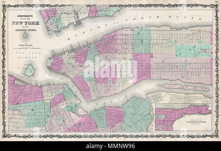 . Anglais : une belle carte en couleur à la main de la ville de New York et de Brooklyn datant de 1862. Cette carte représente le premier Etat de la Johnson et Ward, plan de New York City. Avant de l'éditions atlas (1860 & Johnson 1861), y compris les éditions Browning et Johnson, ne comporte pas de plan de la ville de New York. La carte en question était probablement basé sur le troisième état de la Colton New York City map. Il décrit l'île de Manhattan et le quartier de Brooklyn ainsi que certaines parties de Jersey City et Hoboken. Cette carte montre aussi historiquement importante vierge en grande partie les voies de terre au nord du 155e S Banque D'Images