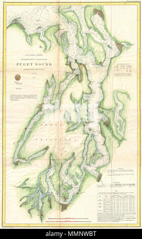 . Anglais : c'est un très rare U.S. Coast Survey map maritime ou carte nautique de la Puget Sound, le territoire de Washington, datant de 1867. Couvre le son de Quimper Péninsule et l'île de Whidbey au sud jusqu'à l'Olympia. Le plan identifie les différentes îles ainsi qu'un coffre-fort satellite et d'innombrables points de triangulation dans l'ensemble. Olympia, Nisqually Steilacoom, et Seattle sont nommées, si, en plus d'Olympie, la plupart étaient peu développés. D'innombrables sondages de profondeur apparaissent tout au long de. Notes sur la lumière des sondages maisons, et les marées apparaissent dans le quadrant inférieur droit. Préparés sous la supervision o Banque D'Images