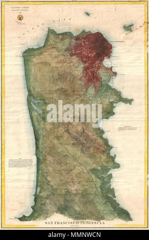 . Anglais : rare 1869 U.S. Coast Survey graphique ou carte de la péninsule de San Francisco. Cette carte illustre la ville de San Francisco et les régions avoisinantes au sud, jusqu'à San Pedro et Millbrae Station. Le San Francisco - San Jose Railroad, le premier à relier le port de San Francisco pour les grands chantiers ferroviaires intérieurs à San Jose, est clairement indiquée. Cette île Alcatraz est également noté avec certains de ses premières fortifications militaires évidentes. Ce tableau est importante non seulement pour son magnifique la cartographie détaillée de la péninsule de San Francisco, mais aussi parce qu'il est l'un des first U.S. Coast Survey chart Banque D'Images