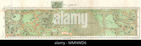 . Anglais : Une main extraordinaire carte en couleur de la ville de New York's Central Park préparé et imprimé pour inclusion dans le treizième rapport annuel du Conseil des commissaires de la Central Park. C'est une variante extrêmement rare sur le plan de Central Park qui a d'abord été publié dans le rapport du Commissaire de 1862. Représente l'ensemble du parc et comprend des sentiers, lacs, des bâtiments, des arbres, des roches, et des mesures d'élévation. Les rues et avenues entourant le parc ainsi que les tramways qui existaient à l'époque sont également notées. Cette carte révèle extraordinaire P Centrale Banque D'Images