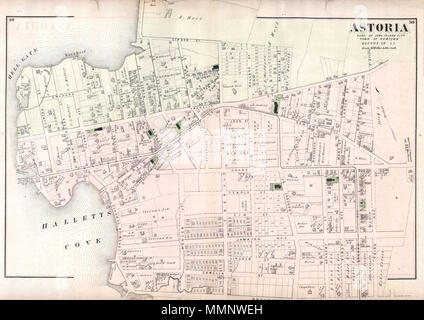. Anglais : un rare exemple de Fredrick W. Beers' plan de la partie sud de l'Astoria, Queens, New York. Publié en 1873, ce magnifique carte couvre de Hells Gate et Halletts Cove vers l'est en ce qui concerne le troisième Ave et la "Lorrenz Wiegand et's Hot". Les noms de rue ont depuis longtemps changé, mais par l'estime d'aujourd'hui cette carte couvre, en gros, à partir de la 1e Rue vers l'Est jusqu'à 34e ou la 35e rue et de la 24e rue et avenue Hoyt vers le sud jusqu'à Broadway. Plus de détails les maisons des propriétaires fonciers individuels et les familles. C'est probablement le meilleur plan de l'atlas à Astoria apparaissent dans le 19e ce Banque D'Images