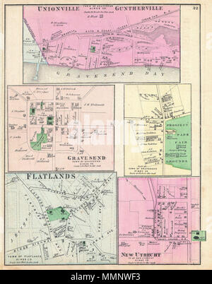 . Anglais : un rare exemple de Fredrick W. Beers' la carte des communautés d'Unionville, Guntherville, Gravesend, plaines et nouveau Utrecht, Brooklyn, New York. Cinq cartes sur une feuille. Présente le parc d'expositions de Prospect Park à Gravesend. Publié en 1873. Détaillées pour le niveau des propriétés individuelles et les bâtiments avec les propriétaires fonciers. C'est probablement la plus belle carte atlas ces communautés de Brooklyn pour apparaître dans le 19e siècle. Préparé par Beers, Comstock & Cline hors de leur bureau au 36 Vesey Street, New York City, pour inclusion dans le premier atlas publiés de Long Island, le 1873 Banque D'Images