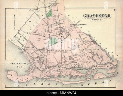 . Anglais : un rare exemple de Fredrick W. Beers' cartes parties de la région de Gravesend, Brooklyn, New York. Publié en 1873. Comprend les communautés de Unionville, Kansas City, South Greenfield, Gravesend, Sheepshead Bay et Coney Island. Détaillées pour le niveau des propriétés individuelles et les bâtiments avec les propriétaires fonciers. C'est probablement la plus belle carte atlas ces communautés de Brooklyn pour apparaître dans le 19e siècle. Préparé par Beers, Comstock & Cline hors de leur bureau au 36 Vesey Street, New York City, pour inclusion dans le premier atlas publiés de Long Island, la question de l'Atlas 1873 Banque D'Images
