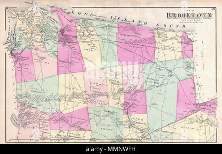 . Anglais : un rare exemple de Fredrick W. Beers' carte de la partie nord de Brookhaven, Long Island, New York. Publié en 1873. Couvre environ de Smithtown Bay et grues cou vers l'Est jusqu'à Manorville et marcher dans l'eau. Montre le Smithtown et Jefferson Railroad ainsi que les extensions proposées de la Long Island Railroad la position vers l'Est. Plus d'immeubles particuliers et propriétés avec détenteurs de la terre. C'est probablement la plus belle carte du nord atlas Isabelle Court, Long Island, pour apparaître dans le 19e siècle. Préparé par Beers, Comstock & Cline hors de leur bureau un Banque D'Images