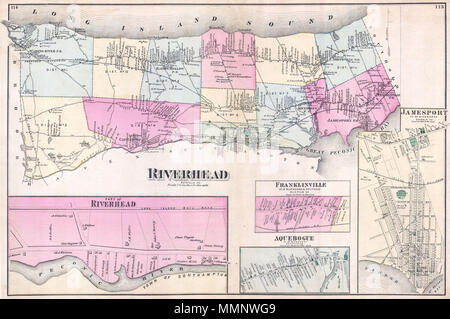 . Anglais : cette rare et grande main carte en couleur représente la ville de Riverhead, Long Island, New York. Carte illustre les populeuses villes et villages entourant Riverhead, y compris l'Franlkinville, Ouessant, Jamesport, rivière à gué, Baiting Hollow, Livonia et Calverton. Inclut des cartouches de Franklinville, Jamesport, et Ouessant. Southampton se trouve au sud. Les détails extraordinaires de cette carte, jusqu'au niveau des ménages avec les noms de famille, faire une étude fascinante de la famille chercheur ou historien. Riverhead Suffolk Co.. 1873 (sans date). 10 Bières 1873 Plan de Riverhead, Banque D'Images