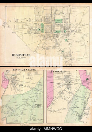 . Anglais : un rare exemple de Fredrick W. Beers' la carte des communautés de Hempstead, Rockville et Persalls, Long Island. Publié en 1873. Cartes imprimées sur les recto et verso. Côté Hempstead dépeint la ville de Hempstead de Jackson Street South à Jérusalem Avenue. Plus de détails Saint Georges cimetière et la vieille ville Burying Ground. Verso présente des cartes de Rockville Centre et Christian hook ainsi que Pearsalls et East Rockaway. Détaillées pour le niveau des propriétés individuelles et les bâtiments avec les propriétaires fonciers. C'est probablement la plus belle carte atlas ces communautés de Long Island à apparaître dans Banque D'Images