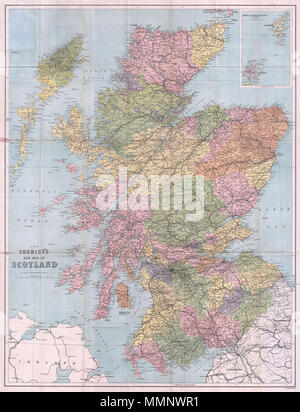 . Anglais : c'est une belle carte de poche 1892 de l'Ecosse par le célèbre cartographe John Bartholomew. Bartholomew a créé un des plus admirés cartographique des institutions dans le monde. Sa demande pour les standards les plus élevés peut être vu dans cette carte de l'Écosse, comme il dispose d'innombrables routes, rivières, villes, hauts-fonds et autres détails topographiques. Les nouvelles limites de départements sont désignés par la couleur. Un encart présentant l'Orkney et Shetland Islands se trouve dans le coin supérieur gauche. Une échelle en anglais miles se trouve ci-dessous l'intitulé. La nouvelle carte touristique de l'Ecosse. 1892 (sans date). Banque D'Images