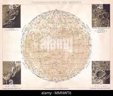 . Anglais : Le poste extraordinaire rare et belle 1889 Carte de la Lune par un lexiconographer allemand F. Brockhaus. Il y a des encarts pour des cratères lunaires, le groupe Gutenberg, le Groupe de Jules César, la plaque et le cratère, Guericke, Parry, Bonpland et Fra. Mauro cluster. D'autres cratères et mers sur la surface des lunes sont clairement étiquetés. Editeur : Imprimé à Leipzig en 1898 pour le Brockhaus Konversations Lexikon -. Ubersichtskarte des mondes.. 1898. 111898 Brockhaus Carte de la lune - Geographicus - Moon-brockhaus-1898 Banque D'Images