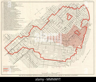 . Anglais : un plan de San Francisco, Californie, datant de 1907. Ce site a été publié par le U.S. Geological Survey suite au terrible tremblement de terre de San Francisco et l'incendie de 1806. Cette catastrophe naturelle, comparable à la dévastation causée par l'ouragan Katrina, est considérée comme la plus grande est l'histoire de la Californie. Cette carte met en évidence les régions développées de San Francisco plus endommagées par l'incendie à l'encre rouge. Il montre également la région principalement occupés par des bâtiments en briques, les rues, les conduites d'eau, certaines caractéristiques topographiques, de rues, et citernes. Publié dans l'U.S Banque D'Images