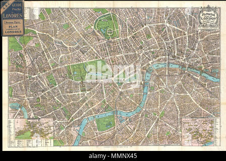 . Anglais : c'est un merveilleux plan de carte de poche de Londres et publié c. 1924 par Geographia Ltd. couvre le centre-ville de London de l'Hammersmith Bridge et l'Absinthe scrubs passé vers l'Hyde Park et de Buckingham Place à Whitechapel Road et le Docks de Londres. Contrairement à la plupart des plans de la ville anglaise de l'époque, cette carte reprend le style pictural qui populaires à Paris au début du xxe siècle. Dispose de nombreux bâtiments de Londres dessiné en trois dimensions. Les EISN en bas à droite et en bas à gauche représentent des théâtres et de Clubland, respectivement. Les deux cartouches détail est individuel Banque D'Images