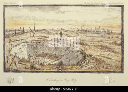 . Anglais : Ce dessin représente un monument au fond d'un cratère de shell en l'honneur des soldats de la 2e Division canadienne au cours de la bataille de la crête de Vimy. Anglais : un cimetière à la crête de Vimy . 1917. 19 Un cimetière à la crête de Vimy - Frederick Bush Thwaites Banque D'Images