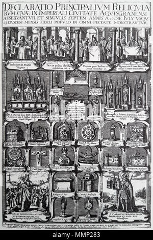 . Anglais : gravure (Gerhard Altzenbach, Cologne, 1615) des principales reliques de la cathédrale, à l'affiche tous les sept ans, du 10 au 24 juillet depuis le moyen âge. Collection de la Cathédrale de Aix-la-Chapelle Aix-la-Chapelle, Allemagne, du Trésor. . 15 décembre 2017, 12:46:25. Gerhard Altzenbach, Aix-la-Chapelle 1615 Trésor de la Cathédrale, gravure de reliques, ca 1615 Banque D'Images