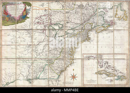 . Anglais : Il s'agit d'un important et très rares cas 1779 Carte de l'anglais dans les colonies en Amérique du Nord à la hauteur de la guerre de la Révolution américaine. L'accent sur les colonies anglaises, cette carte couvre la partie orientale de l'Amérique du Nord, de la Baie d'Hudson au golfe du Mexique, s'étendant vers l'ouest jusqu'à Galveston moderne de jour. René Phelippeaux et Brion de la Tour délivré cette carte à la suite de la 1778 Signature du traité d'alliance entre la France et la nouvelle United States, qui a porté l'effort de la Révolution américaine à l'attention du public français. Cartographique ce Banque D'Images