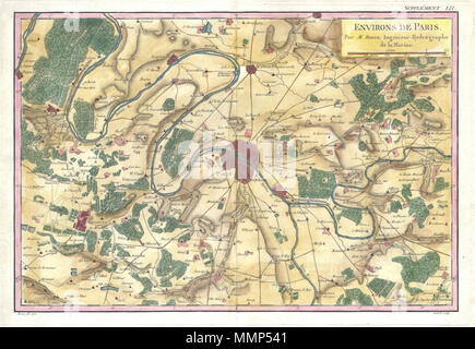 . Anglais : rare et joliment coloriés à la main c. 1780 Bonne carte de Paris et ses environs. Couvre de Poissy dans le nord-ouest à Ferolles dans le sud-est, et de Chateaufort dans le sud-ouest à Gonnesse dans le nord-est. Représente les routes, jardins, forêts, églises, et successions entourant la ville. Gravée par André en tant que Supplément no. Pour l'Atlas 121 Bonne. Environs de Paris.. 1780 (sans date). 1780 Bonne carte des environs de Paris, France - Geographicus - Paris-bonne-1780 Banque D'Images