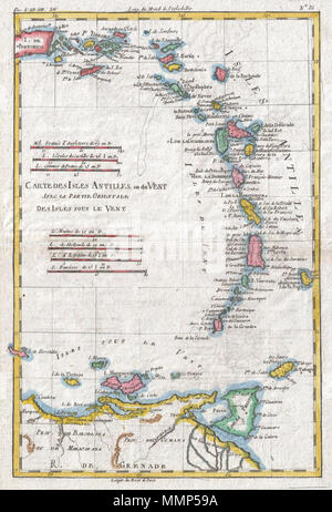 . Anglais : un bel exemple de Rigobert Bonne et Guillaume Raynal's 1780 la carte des Petites Antilles, Antilles. Couvre l'ensemble de la chaîne de Porto Rico à Trinidad, ainsi que des parties de l'espagnol. Porto Rico comprend, Sainte-Croix, la Barbade, Sainte Lucie, Saint Martin, Guadeloupe, Saint Christophe, les Iles Vierges, Antigua, la Dominique, St Vincent, Tobago, Grenade, Martinique, Isla Margarita, et beaucoup d'autres îles.. Très détaillée, montrant les villes, rivières, certaines caractéristiques topographiques, certaines entités sous-marines, et les frontières politiques. Dessiné par R. Bonne pour G. Raynal Atlas de toutes les Parties Banque D'Images