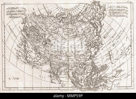 . Anglais : un bel exemple de Rigobert Bonne et Guillaume Raynal's 1780 Carte de l'Asie. Offre des détails considérables compte tenu de la taille, montrant les alizés dans les océans Pacifique et Indien ainsi que de nombreuses villes de la Route de la soie en Asie centrale. Très détaillée, montrant les villes, rivières, certaines caractéristiques topographiques et les frontières politiques. Dessiné par R. Bonne pour G. Raynal Atlas de toutes les parties connues du globe terrestre, dressé pour l'Histoire philosophique et politique des établissemens et du Commerce des Européens dans les deux Indes . L'Asie.. 1780 (sans date). 1780 Raynal et Bonne localisation Banque D'Images