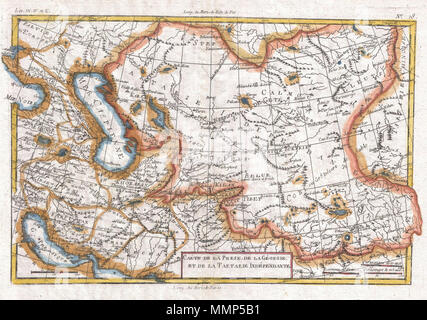 . Anglais : un bel exemple de Rigobert Bonne et Guilleme Raynal 1780 du site de l'Asie centrale. L'accent sur la région autrefois connue sous le nom de la Tartarie indépendante ou de Tartarie indépendante. Le nom a été donné à la grande étendue de terrain par les Européens au moyen-age, et inclus la terre à partir de la mer Caspienne et l'Oural pour la Chine et l'Inde. Cette zone a été habitée par des peuples mongols et turcs de l'Empire mongol qui étaient génériquement appelés tartares. Cet espace comprend les pays de l'Ouzbékistan, le Kazakhstan, le Turkménistan et parties de l'Afghanistan, le Pakistan, l'Iran, Tib Banque D'Images