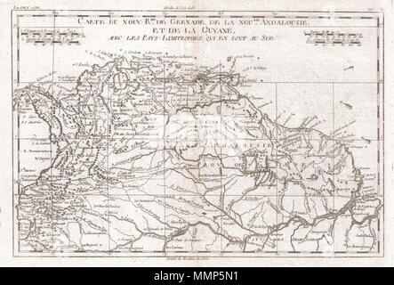 . Anglais : un bel exemple de Rigobert Bonne et Guilleme Raynal's 1780 carte du nord de l'Amérique du Sud. Cette carte comprend la zone qui s'étend de jour moderne de l'Équateur, au Panama et en Colombie, au Venezuela, Guyane, Surinam, et la partie nord du Brésil. Rivière très détaillées avec des moyens et des chaînes de montagnes, il comprend également le mythique Lac Parime ; c'est ici la chasse au trésor des explorateurs, y compris Sir Walter Raleigh, une fois cru qu'ils pourraient trouver la ville semi-mythique de l'El Dorado. Dispose également d'importantes villes et ports, ainsi que les vents et les orientations actuelles, les récifs et autres underwa Banque D'Images