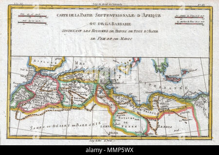 . Anglais : un bel exemple de Rigobert Bonne et Guilleme Raynal 1780 du site du nord-ouest de l'Afrique ou de la Côte des Barbaresques. Comprend le pays moderne du Maroc, Algérie, Tunisie, Libye, et des parties adjacentes de l'Espagne, l'Italie et la Grèce. Cette carte a été faite en réponse à l'intérêt européen dans la région en raison d'attaques côtières et les incursions des pirates barbaresques basés dans l'Algérie, Tunisie et Maroc. Les pirates barbaresques perturbé le commerce dans cette région des croisades du début du xixe siècle. Dispose de rivières, certaines caractéristiques topographiques et les frontières politiques. Dessiné par R. Bonne pour G. Rayn Banque D'Images