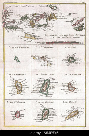 . Anglais : un bel exemple de Rigobert Bonne et Guilleme Raynal 1780 du site des Antilles ou Antilles. 10 Essentiellement maps en un seul. La carte la plus haute est la plus grande et plus de détails la région de Porto Rico à Saint Martin, englobant les Îles Vierges britanniques. Neuf cartes plus petites comprennent : la Barbade, Saint Christophe, Antigua, la Dominique, Sainte-Lucie, Barbade, St Vincent, Grenade et Tobago. Identifier toutes les villes importantes, les ports et les caractéristiques topographiques. Cartographique ces cartes sont basées sur les cartes marines anglais de la période. Tous les noms et le texte en français. Dessiné par R. Bonne pour G. Raynal's Atlas de tou Banque D'Images