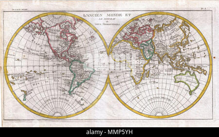 . Anglais : un bel exemple de Rigobert Bonne et G. Raynal's 1780 carte du monde sur une projection hémisphérique. Offre un certain nombre de détails intéressants correspondant à la connaissance du monde à l'époque. L'ouest de l'Amérique du Nord présente une configuration pré-cuire avec un curieux archipel qui peut être comprise comme un proto-compréhension des îles Aléoutiennes. Sur le côté opposé de la Tasmanie est relié au continent de l'Australie. Ni l'Antarctique (qui n'a pas encore été découvert) ni la mythique terre Australis apparaissent dans les latitudes sud - un avancement important dans th Banque D'Images