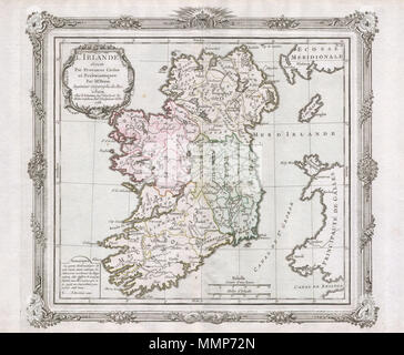 . Anglais : Il s'agit d'une rare élégance et produit 1766 site de l'Irlande par le cartographe français Louis Brion de la Tour et son associé Louis Charles Desnos. Représente l'île de l'Irlande divisée en quatre sections. Cartouche de titre décoratif dans le quadrant supérieur gauche. Ce qui rend ce site particulièrement rares est l'État, contrairement à la plupart des cartes de cette série, l'bordure décorative est parfaitement intact. L'Irlande divisee par Provinces Civiles et Ecclesiastiques.. 1766. 1766 Desnos - de la Tour Carte de Irlande - Geographicus - Irlande-delatour-1766 Banque D'Images