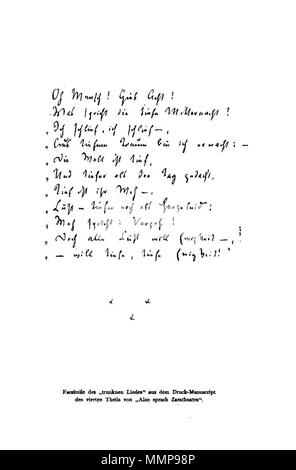 . Deutsch : Das Lied des Trunkenen . 1895. Friedrich Nietzsche (1844-1900) Noms alternatifs Friedrich Wilhelm Nietzsche, philosophe allemand Description philosophe et poète Date de naissance/décès 15 Octobre 1844 25 août 1900 Lieu de naissance/décès Röcken Weimar période de travail, lieu de travail du 19e siècle ; Bonn Leipzig ; Bâle ; contrôle de l'autorité de Weimar : Q9358 : VIAF ?89798474 ISNI : ?0000 0001 2282 8181 ULAN : ?500222156 RCAC : ?n79021132 NLA : ?35471497 nietgoog Alsosprachzarat WorldCat000016 Banque D'Images