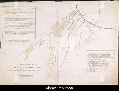 . Nederlands : Titel catalogus Leupe (NA) : Plan van 't Fort De Goede Hoop, 's Comps. tuyn en eenige publique en gebouwen, daaromtrent mere arabe (voir photo 5. Tuinen van de carte, de mere arabe (voir photo 5 en publieke gebouwen rencontré aanduiding van de Nieuwe van herhuisvesting gedwongen particulieren na de nabije verplaatsing uit de omgeving van het fort aan de Kaap. Notities verso : A.A. nr. 5c, veros 498 x. Legenda : A-Z Topografische naam vermeld op deze kaart : Tafelbaij. Anglais : Le titre original d'après le catalogue Leupe (NA) se lit comme suit : le Plan van 't Fort De Goede Hoop, 's Comps. tuyn en eenige publique e Banque D'Images