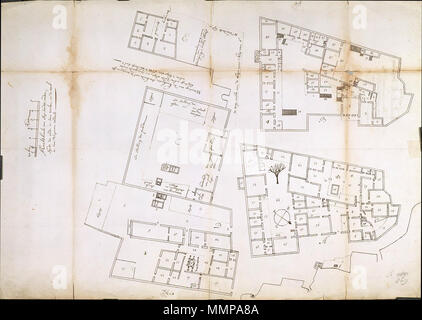 . Nederlands : Titel catalogus Leupe (NA) : Platte grond van 's Comps. Logies de gehuurde Souratte woningen binnen de Stad. Legenda : nee, wel cijfers en lettres aangegeven op de kaart. Carte de van de diverses gebouwen un t/m e is gelegen in binnen de VOC loge rencontré cijfers ter aanduiding van de indeling van de vertrekken ; Met de woning van de Harkarra achter de oude loge en de woning van Sr.Wm. . Leenderszn zalr. [ =zaliger ?] Notities verso : RIC. 235 ; 3 ; potloodnr. 499 g. Anglais : D'après le catalogue Leupe (NA), le titre original se lit comme suit : Platte grond van 's Comps. Logies de gehuurde wonin Banque D'Images