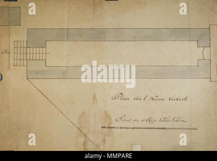. Nederlands : Titel dans catalogus Leupe (NA) : Plans, profilen enz. van het Nieuwe treed. De onderrand middenvouw op de heeft een scheur van 31 cm en de bovenrand enkele heeft kleine scheuren. Op cette image est de kaart te zien met de rabat omlaag, zie VEL0385Dflap dezelfde voor kaart met de niveau supérieur du volet. Anglais : D'après le catalogue Leupe (NA), le titre original se lit comme suit : Plans, profilen enz. van het Nieuwe treed. Les bords inférieurs a une déchirure de 31 cm sur la pliure centrale et le bord supérieur a plusieurs petites larmes. Cette image montre la carte avec le rabat vers le bas, voir pour le Dflap VEL0385 Banque D'Images