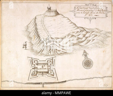 . Nederlands : Titel catalogus Leupe (NA) : Afbeeldinge van 't Casteel, Nassauw mitsgaders 't fort Belgica ende redoubt Neira op Banda. Behoort bij het rapport van Arnold de Vlamingh van Outshoorn. 156 (boven genummerd : 392. De randen zijn aan de achterzijde beplakt. Notities verso : 392 dans folionummer het moet [bande] zijn de OBP / 664 [plus de lettre achter dit getal is een strook geplakt]. Anglais : D'après le catalogue Leupe (NA), le titre original se lit comme suit : Afbeeldinge van 't Casteel, Nassauw mitsgaders 't fort Belgica ende redoubt Neira op Banda. Appartient avec le rapport de Arnold de Vl Banque D'Images