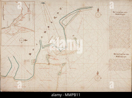 . Nederlands : Titel dans catalogus Leupe (Nationaal Archief) : Als voren, hier wordt bedoeld de titel van VEL0212 : Kaart van een habitude van de Kust bij Mozambique, ter hoogte van 18 graden Z.Br. met de Rivier, Quelimana Baarsande waar Het Schip in het jaar 1711 verzeilt est. Aardigheid catalogus Leupe bij VEL0212 : De Schipper a été Gysbert Steen. Rechtsboven genummerd 8.d. Beschrijving van zeilaanwijzingen ont rencontré en aanduiding van de Tafelberg. Notities verso : 214 [en] potlood rood. Anglais : Titre en Leupe le catalogue (Archives nationales) : Als voren, ou 'comme avant' se référant à l'intitulé de la société VELO212 : K Banque D'Images