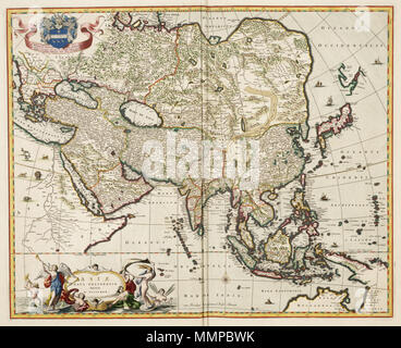 . Nederlands : Kaart van Europe uit de Atlas van der Hagen, Koninklijke Bibliotheek, Den Haag deel 4. Un Rechtsboven opdracht van Nicolaas Visscher aan Hendrik Spiegel. Kaartbeeld het van het continent Europe bleef in de 17de eeuw grotendeels. ongewijzigd Cette continentkaart ook van Nicolaas Visscher II (1649-1702) a été gebaseerd op laat 16de-eeuwse voorstellingen uit de van atlassen Gerard Mercator (1512-1594) en Abraham Ortelius (1527-1598). Anglais : Carte Asie tirée de l'Atlas van der Hagen, Koninklijke Bibliotheek, La Haye Partie 4. Haut à droite une commission de Nicolaas Visscher à Hendrik Banque D'Images