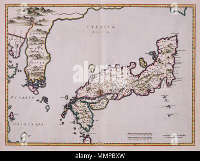 . Nederlands : Kaart van Japon uit de Atlas van der Hagen, Koninklijke Bibliotheek, Den Haag deel 4. Cette kaart van Japon en Corée en 1655 werd gepubliceerd in de Atlas Sinensis van Joan Blaeu (1598-1673). Het bijzondere aan deze kaart, samengesteld door de Italiaanse missionaris Martino Martini (1614-1661), est de dat van omtrekken betrouwbaar Japon zijn weergegeven, terwijl ook Corée désormais corriger als een schiereiland est getekend. Cette carte a été prototype voor het al de kaarten mourir dans de 17De eeuw van dit gebied werden. samengesteld Anglais : Carte du Japon tirée de l'Atlas van der Banque D'Images