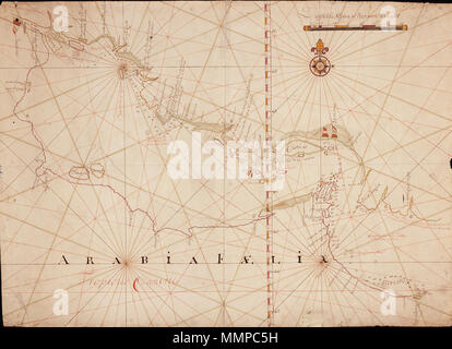 . Nederlands : Titel catalogus Leupe (NA) : Kaart van een habitude van den Persische Golf, van Wuhan tot Bassora en van daar tot. Tamquavoor Topografische namen op deze kaart vermeld : Arabiafaelix Musquetta Bassura,,,, Cismis Tropicus Canarie. De Bovenin schaalverdeling Duytsche Mijlen 15 voor een Lückstraße 17. Anglais : titre dans le catalogue Leupe (NA) : Kaart van een habitude van den Persische Golf, van Wuhan tot Bassora en van daar tot. Tamquavoor Étant donné les noms topographiques sur cette carte :, Arabiafaelix Musquetta Cismis Bassura,,, Tropicus Canarie. L'échelle figure haut Duytsche Mijlen voor 15 e Banque D'Images