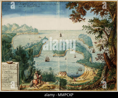 . Nederlands : Titel catalogus Leupe (NA) : Image van de 'Puerto de Acapulco en el Reino de la Nueva Espagna en el Mar del Sur'. Gezicht op de Baai van Acapulco. Puerto de Acaoulco en el Reino de la nueva Espagna en el Mar del Sur. Bijzonderheden : de kaart maakt deel uit van de Atlas Vingboons. Cette image komt overeen met de kaart bij Valentijn, Oud en Nieuw Oost-Indien, deel I, page 160. Legenda : A. Acapulco / B. Fuerca de san Diego tient de longtitud 122 varas de latitud 80 vras / C. Boca Grande / D. El Grifo. / E. Boca Chica / F. Puerto del Marques. Cf. Bibliothèque nationale de Banque D'Images