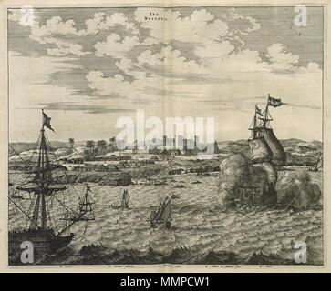 . Nederlands : gezicht op Fort Nassau, le Ghana. Nassovii Arx. Legenda : A. Arx / B. Domus fabrilis. C. / Nigritaru. sedes. / D. Navis dans statione sua. / E. Mare.. Cf. le Rijksmuseum, Amsterdam, inv. nr. NG-20-E en Koninklijke Bibliotheek, Den Haag, 1043 B 14, na p. 54 no. 23. Anglais : Vue de Fort Nassau, le Ghana. Nassovii Arx. Clé : A. Arx / B. Domus fabrilis. C. / Nigritaru. sedes. / D. Navis dans statione sua. / E. Mare.. Cf. le Rijksmuseum, Amsterdam, inv. nr. NG-20-E et Koninklijke Bibliotheek, La Haye, 1043 B 14, après p. 54 no. 23. Nederlands : gezicht op Fort Nassau, Ghana English : Vue de Fort Na Banque D'Images
