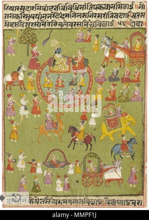 . Anglais : Lot Description un folio illustrée tirée du Mahabharata, l'Inde, Rajasthan, probablement de Mewar, vers 1750 à peau bleue Krishna avec un halo lumineux et dotés de riches robes d'or au centre, assis dans un boîtier circulaire au centre et s'est engagé dans une autre conversation animée avec huit autres l'écoutent alors que noble, une procession de fête dans le premier plan avec les personnes honorées dans des palanquins et des voitures, y compris les musiciens jubilatoire, avec des inscriptions ci-dessus et ci-dessous, les numéros de page dans les marges et le texte sur le verso de l'or et de pigments opaques sur wasli 11 3/4 x 8 7/8 in. (29,8 x 22,6 cm.), FOL Banque D'Images