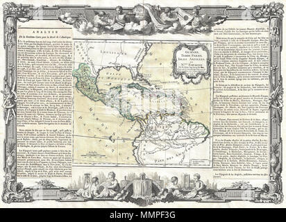 . Anglais : une superbe carte du Mexique 1766 décoratif, l'Amérique centrale et les Antilles par Louis Brion de la Tour. Couvertures dans la baie de Chesapeake au sud du Pérou et l'Amazonie, mais se concentre sur le Mexique et la région des Caraïbes. Cartouche de titre décoratif de style baroque dans le quadrant supérieur droit de la carte proprement dite. Flanquée de chaque côté par une description textuelle de la région en français. Entouré d'un magnifique frontière baroque doté d'angelots engagés dans l'étude de la géographie et de la cartographie. Préparé par Louis Brion de la Tour et publié par S. Guayane, terre ferme, Isles Antilles, et Nlle. E Banque D'Images