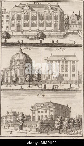 . Anglais : gravure avec 4 bâtiments religieux d'Amsterdam ; haut : église luthérienne sur le Spui, milieu gauche : Round Lutheran Church sur le Singel, au milieu à droite : Grande Synagogue, bas : Portuguese Synagogue 07394, 15-11-2002, 09:28, 8C, 3530x3584 (3458 +6140), 100  %  %  %  %  %  %  %  %  %  %  %  %  %  %  %  %, JHM, 1/80 s, r27.4, B13.8, G4.7 Anna Folkema - deux églises luthériennes et deux synagogues d'Amsterdam JHM01 02807 Banque D'Images