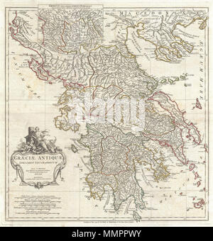. Anglais : une grande et spectaculaire J. B. B. D'Anville, site de l'ancienne Grèce. Couvre de Macédoine dans la Péloponnèse, inclusive d'Eubée et les îles Ioniennes. Détails montagnes, rivières, villes, routes, et les lacs avec les divisions politiques à l'évidence en couleur de contour. Cartouche de titre décoratif dans le quart inférieur gauche dépeint une femme grecque antique se prélasser contre une colonne toscane tandis que deux enfants angélique créer art. comprend cinq échelles de distance, en bas à gauche, en faisant référence à divers systèmes de mesure courante dans l'antiquité. Texte en latin et en anglais. Dessiné par J. B. B. D'Anville en 1762 et Banque D'Images