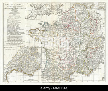 . Anglais : une grande et spectaculaire J. B. B. D'Anville, plan de Gallia ou France dans l'antiquité romaine. S'étend de la partie sud de l'Angleterre (Britannia) sur les Pyrénées et la Méditerranée. Détails montagnes, rivières, villes, routes, et les lacs avec les divisions politiques à l'évidence en couleur de contour. Ancienne et contemporaine comprend les noms de lieu, c.-à-d., Paris et Parisii pour chaque destination : une ressource précieuse ou érudits de l'antiquité. Un encart dans le quart inférieur gauche du Gallia détails le sud de la plupart des provinces romaines. Un petit encart intitulé Batavorum Insulae apparaît dans le coin supérieur droit Banque D'Images
