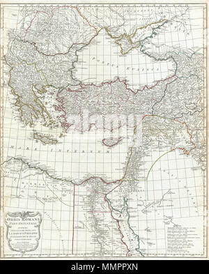 . Anglais : une grande et spectaculaire J. B. B. D'Anville, carte de la partie orientale de l'Empire romain. Couvre de la Grèce (Grèce) et Dacia à l'est jusqu'à Babylone, l'Arabie et l'Arménie. S'étend au sud jusqu'à Thèbes en Haute Egypte. Inclut la partie orientale de la Méditerranée (la Mare Internum) et la mer Noire (Pontus Euxinus). Plus de détails montagne rivières, villes, routes, et les lacs avec les divisions politiques à l'évidence en couleur de contour. Cartouche de titre décoratif portant l'Aigle romaine apparaît dans le quart inférieur gauche. Comprend huit échelles de distance, en bas à droite, renvoyant diverses measuremen Banque D'Images