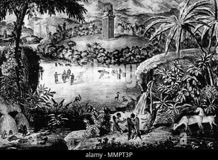. Anglais : 1835 Le New York Sun perpétré la grande lune canular. Les articles ont été faussement attribuée à Sir John Herschel (1792 - 1871), peut-être la plus connue de son époque astronome (et neveu de Caroline Herschel). L'article était intitulé : grande découvertes astronomiques dernièrement MADEBY SIR JOHN HERSCHEL, L.L.D. F.R.S. &C. Au Cap de Bonne Espérance. Русский : Лунный храм, литография . 1835. Inconnu Aug25 moon hoax-1- Banque D'Images