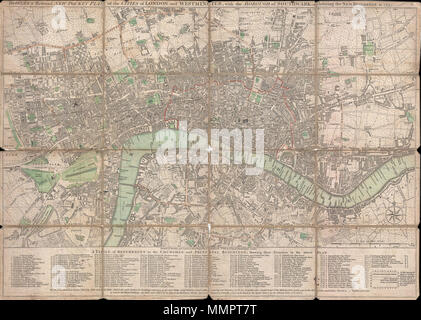 . Anglais : c'est une rare 1795 Carte de poche de pliage ou plan des rues Londres, Angleterre par Carrington Bowles. Londres couvre des deux côtés de la rivière Thames de Hyde Park à l'ouest, à la Rue du Cheval Blanc à l'Est et de Lambeth dans le sud à Islington, dans le Nord. Offre de superbes détails tout au long des bâtiments individuels, souvent en notant des jardins, et des successions. Le tableau en bas note principe bâtiments et églises. Bowles a d'abord publié ce plan en 1777 et mis à jour régulièrement à la fin du 18ème siècle. Cette édition de la carte a été publié peu après sa mort par Bowles sa firme, Bow Banque D'Images