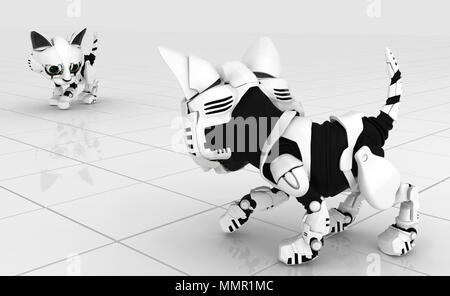 Surface de carreaux blancs chatons robotique confrontation, 3d illustration, arrière-plan horizontal Banque D'Images