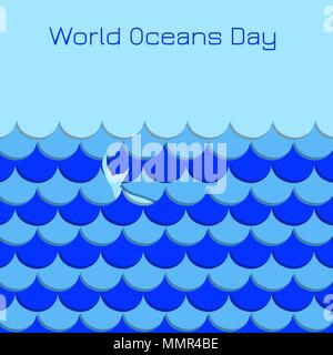 La Journée mondiale des océans. 8 juin. Concept de maison écologique. Vagues symbolique, baleine Illustration de Vecteur