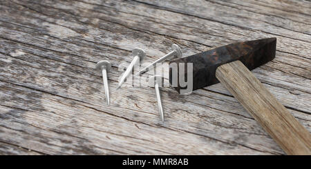 Outil à main marteau et clous sur fond de bois, copie de l'espace. 3d illustration Banque D'Images