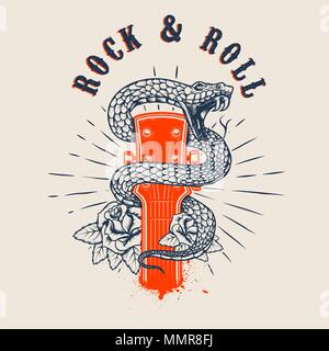 Rock and Roll tête guitare .avec snake et roses. L'élément de conception pour poster, carte de visite, bannière, emblème, t shirt. Vector illustration Illustration de Vecteur